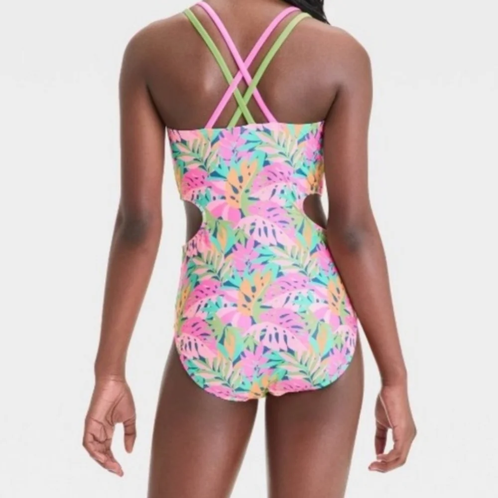NWT art class Pink‎ and Green Leafy One Piece Swimsuit M C90